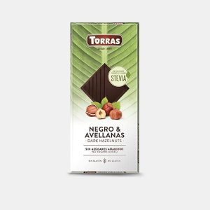 Torras Dark chocolate with hazelnuts sweetened with erythritol and stevia.
